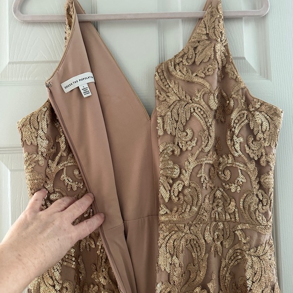 Dress the Population Blair Sequin gold  nude lace midi dress L - Picture 5 of 14